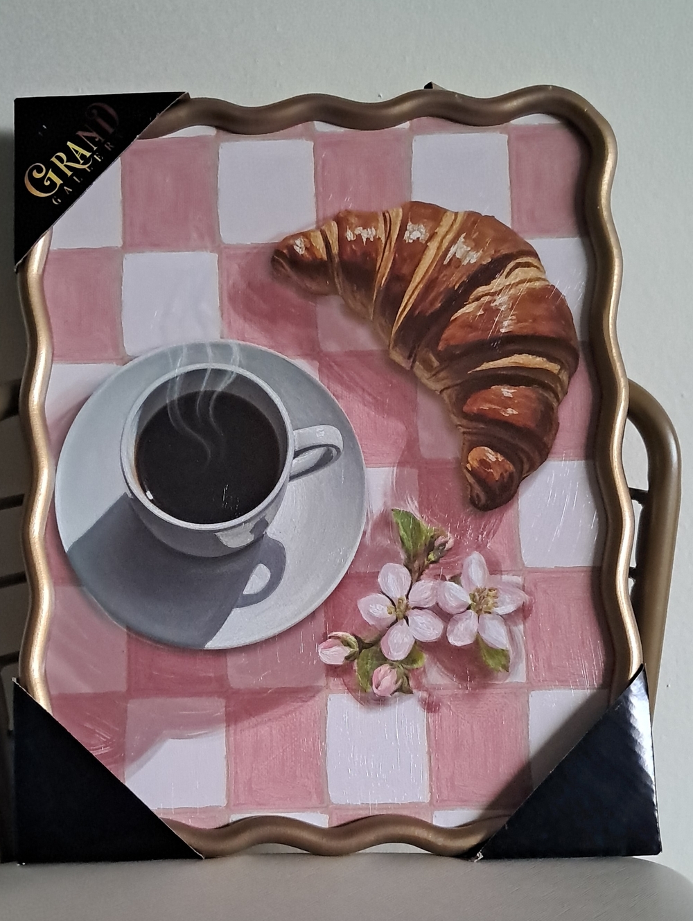 Grand Illusions Pink Check Coffee & Croissant Wall Art with Gold Frame